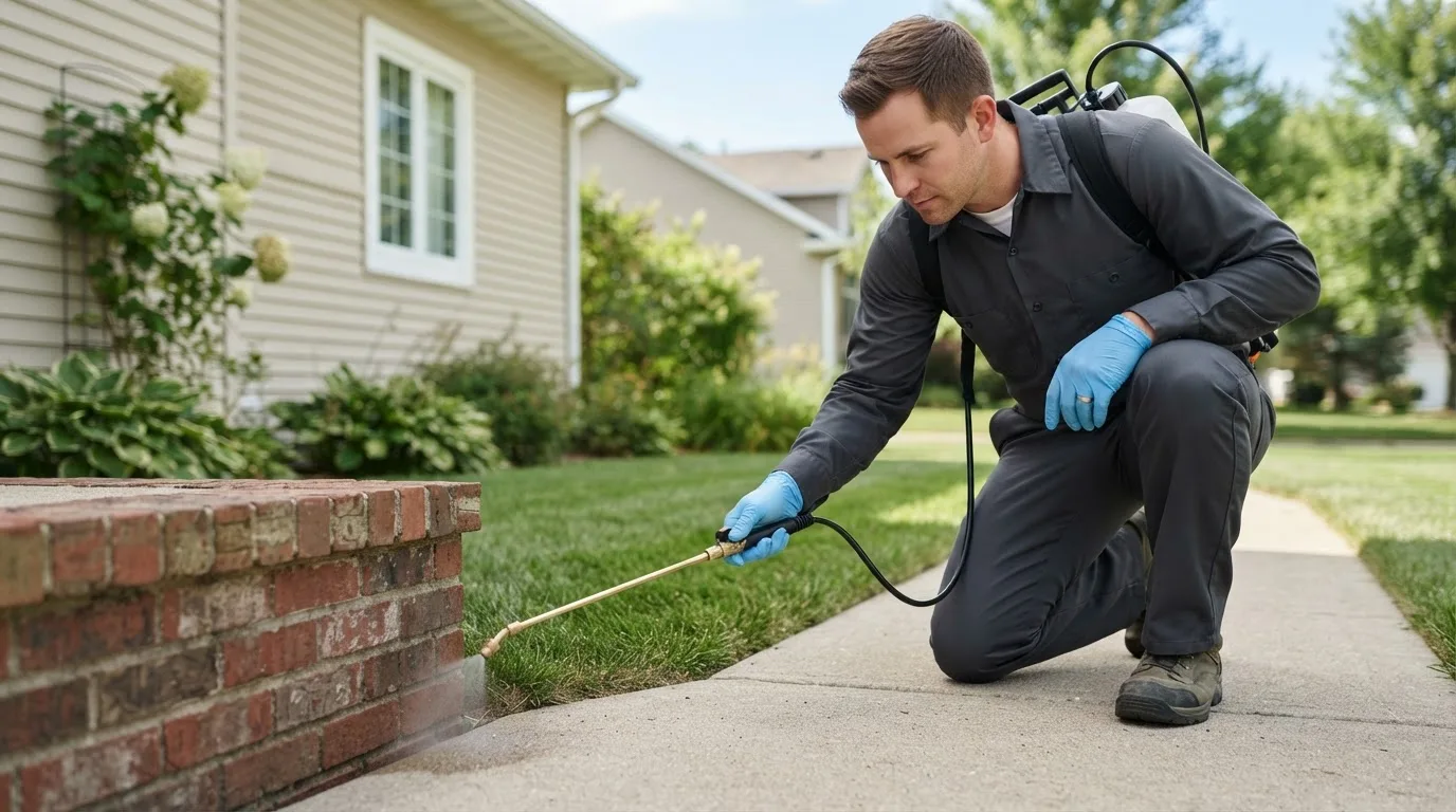 Pest control technician treating a home near Lenexa, KS